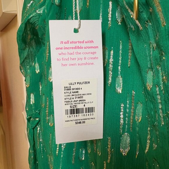 Lilly Pulitzer Creme Long Sleeve Maxi Dress NWT Size 4 Green w/ Metallic Shimmer - Picture 10 of 12